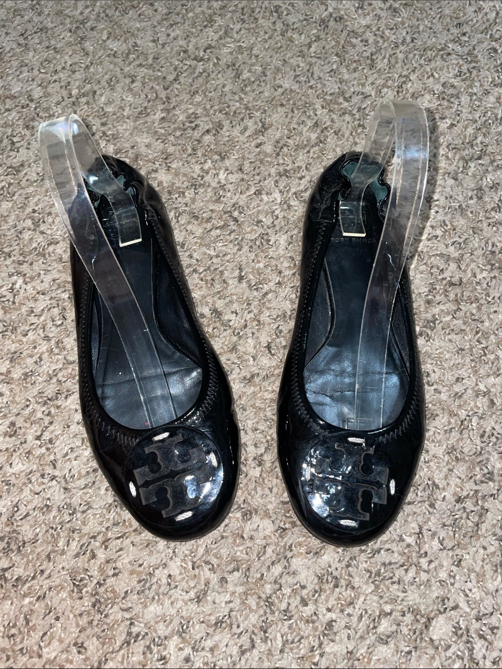 Tory Burch Black Patent Logo Round-Toe Flats